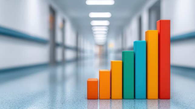 A colorful bar graph representing data growth in a hospital corridor, emphasizing statistics and analytics in a healthcare environment.