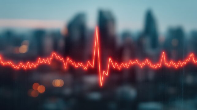 A red heartbeat line displayed against a blurred urban background, symbolizing life, health, and vitality.