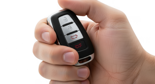 Closeup of a hand holding a modern black car key fob with buttons for locking, unlocking, and starting the vehicle isolated on transparent background