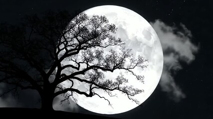Dark silhouette of a gnarled tree with bare branches against a bright full moon in a starry night sky for a spooky Halloween concept and mysterious atmosphere - Powered by Adobe