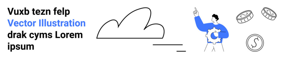 Cloud computing, financial technology, user interaction, data storage, online business, digital solutions. Person pointing at cloud with coins around. Cloud computing and financial technology concept