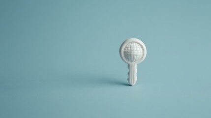 A minimalist key with a globe design, set against a soft blue background, symbolizing global access or security in a modern context.