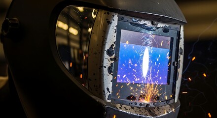 Protective Welding Shield Showcasing Intense Sparks During Metal Fabrication