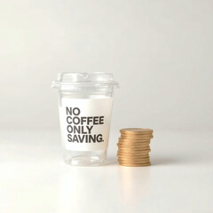NO COFFEE ONLY SAVINGS, Financial Prudence Concept Transparent Cup with Gold Coins Stacked, Investment and Money Saving