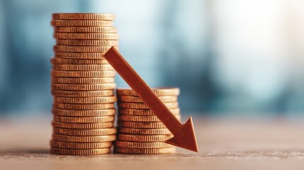 A stack of coins with a downward arrow symbolizes a decline in value or economic downturn.