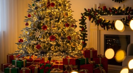 A beautifully decorated Christmas tree with gifts and festive lights, creating a warm holiday atmosphere.