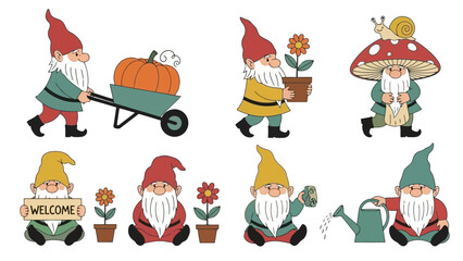Garden Gnomes at Work Charming Illustrations of Gnomes Engaged in Gardening and Outdoor Tasks