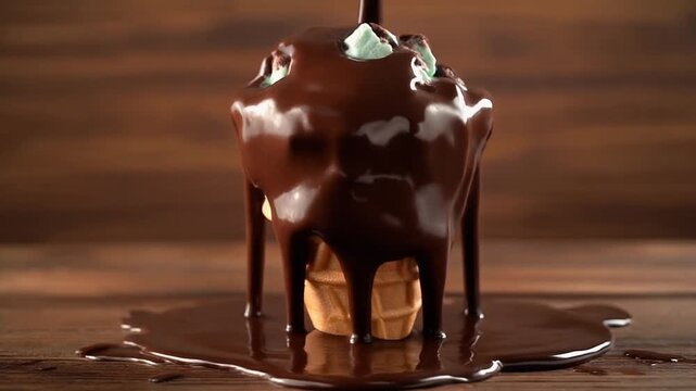 Decadent sweet indulgence captured as rich, melted chocolate generously cascades over an inverted ice cream cone, forming a luscious puddle on a rustic wooden surface