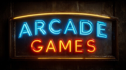 Neon sign showing arcade games in a fun location at night