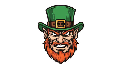 Expressive Green Leprechaun Hat Emblem Featuring Fierce Face and Fiery Beard, Perfect for Festive Celebrations and Mythological Themes