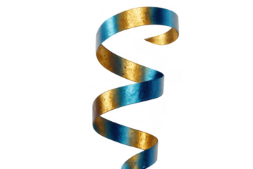 Curly blue and gold serpentine streamer decorating a party or event. Festive, colorful ribbon on a transparent background