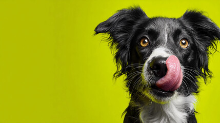 Dog licks its nose in front of bright green background in studio