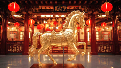 Majestic Golden Horse & Red Lanterns for Chinese New Year, High-Resolution Commercial  with Vibrant Festive Ambiance