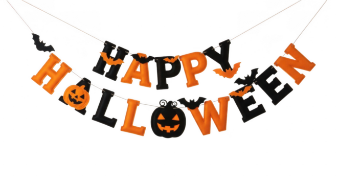 Halloween banner with orange and black letters spelling happy halloween with pumpkin and bat decorations isolated on transparent background - Powered by Adobe