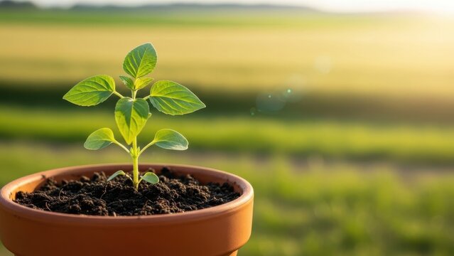 Young green plant sprout in terracotta pot with soil, growing in sunlight over blurred field background - Powered by Adobe
