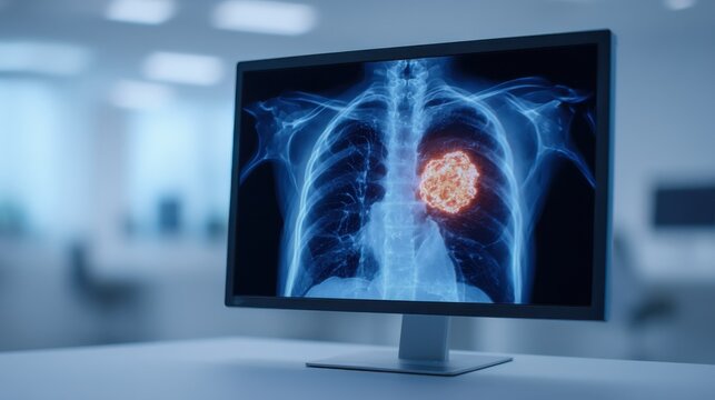 A digital display shows a detailed X-ray of human lungs with a highlighted tumor, emphasizing medical analysis and healthcare technology.