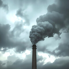 Industrial Pollution Impact Dramatic High-Resolution Photo of Thick Smoke Billowing from Factory Chimney Against Dark Stormy Sky