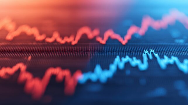 A close-up view of fluctuating financial data represented by colorful line graphs in red and blue tones.