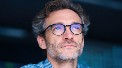 Focused mature man glasses reflection computer screen charts analyst trader investor finance. Thoughtful professional studies market data with calm confidence in modern office setting