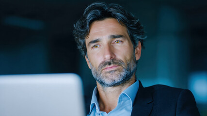 Man thinking person male with salt and pepper hair suit looks focused laptop dark office, contemplative gaze suggests deep analysis and strategic planning cool blue light, calm and professional