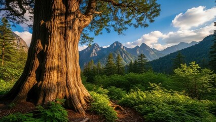 Majestic ancient tree trunk in foreground with lush green forest and dramatic mountain range background