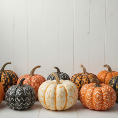 Vibrant Halloween Pumpkin Row High-Resolution Black, White & Orange Patterned Gourds on White Wood, Commercial