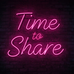 Striking 'Time to Share' Pink Neon Sign on Dark Brick Wall, High-Resolution Urban Glow, Commercial Quality