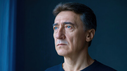 Melancholy portrait man middle age blue eyes window light contemplation. Melancholy portrait man middle age blue eyes window light contemplation mood pensive introspection