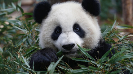 Fototapeta premium Panda eats bamboo in a forest setting during daytime hours