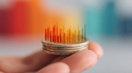 A hand holds coins with a colorful graph overlay, symbolizing financial growth and investment insights.