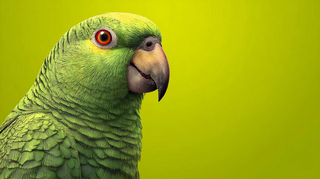 Bright green parrot with red eyes on solid green background