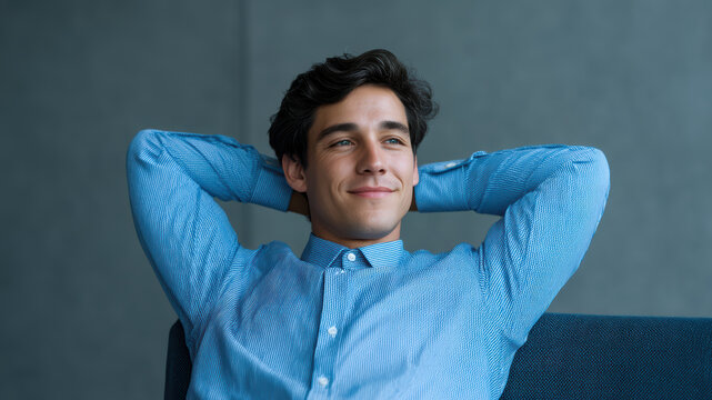 Relaxed man thinking person male in blue shirt leaning back on sofa, calm smile and soft light create peaceful office mood and reflective pose with copy space in modern interior