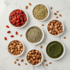 Vibrant Superfood Flat Lay High-Resolution Premium  of Goji Berries, Hemp Seeds, Spirulina & Nuts on White Marble