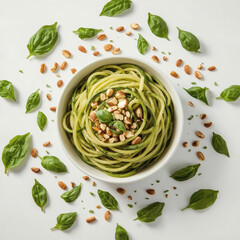 Fresh Raw Vegan Zucchini Pasta with Basil & Pine Nuts, High-Resolution Healthy Food, Gluten-Free Noodle, Clean Eating Lifestyle