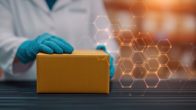 A person in gloves prepares to handle a package, with a digital overlay of hexagons suggesting technology or data integration.