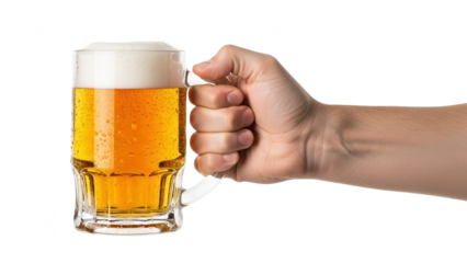Hand holding a refreshing glass mug of golden beer with frothy head