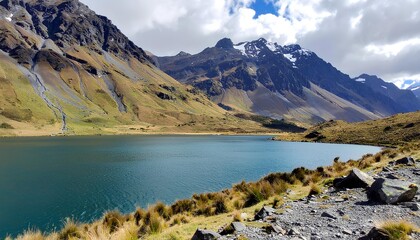 A serene alpine lake with turquoise water resting beneath towering rugged mountains, captured in natural daylight. Perfect for travel editorials, landscape promotions, outdoor adventure campaigns.
