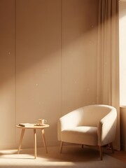 Sunlit serenity modern interior space with armchair and coffee break