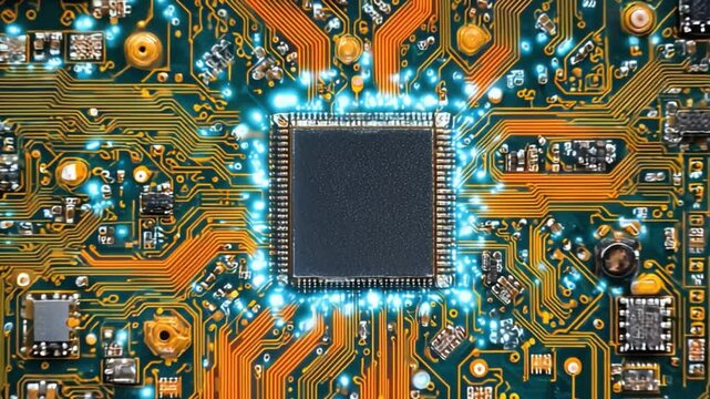 Technological Core: A close-up view of a high-tech electronic circuit board showcases the intricate design and components of a modern integrated circuit.