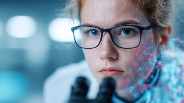 A focused young scientist examines samples under a microscope, surrounded by digital data visualizations and a modern lab environment.