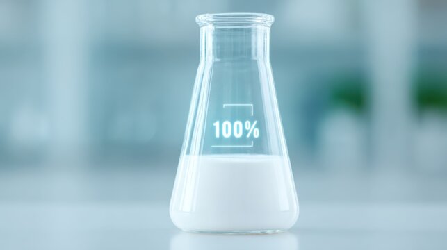 A clear glass laboratory flask filled with a white liquid, displaying a "100%" label, suggesting purity or completion, in a modern scientific setting.