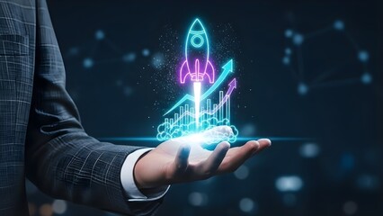 A businessman's hand presenting a holographic rocket launching upwards, symbolizing business startup success and financial growth