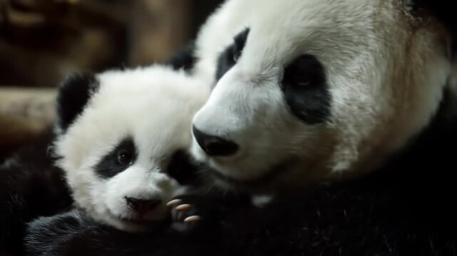 Two panda cubs snuggle together in soft fur, with black circles and gentle sleepy expressions. calm