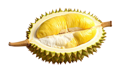 Open durian revealing its yellow, textured flesh