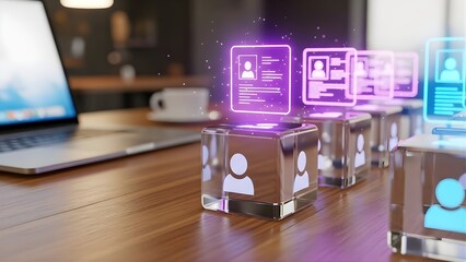 Futuristic human resources management system with glowing holographic employee profiles on a contemporary wooden desk setup