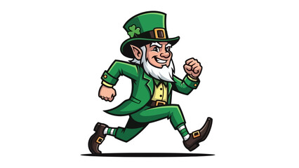 Vibrant Cartoon Leprechaun Character Jogging with Enthusiasm, Adorned in Green Suit and Top Hat, Symbolizing Irish Festivities and Luck