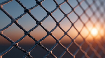 Fototapeta premium A close-up of a net against a sunset backdrop, showcasing intricate details of the weave and the warm colors of the sky.