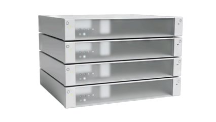 Four Stacked White Server Racks with Blank Front Panels and Indicator Lights Isolated on a Clean White Background