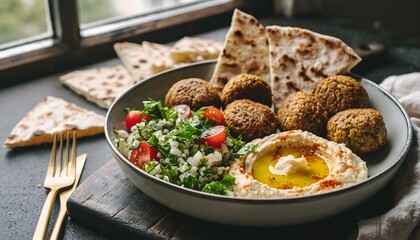 Delicious Mediterranean Hummus and Falafel Platter with Pita Bread and Salad