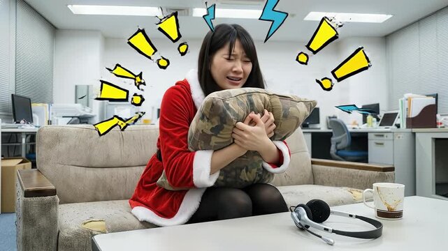 A festive office asian woman red costume santa outfit seeking stres relief comic style dramatic scene sofa with pillow and camouflage accent during night shift overtime messy desk fluorescent light